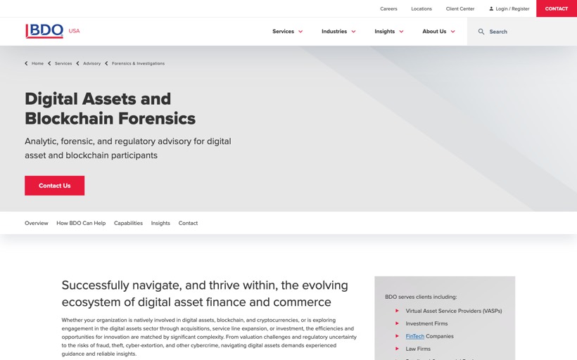 BDO Digital Assets and Blockchain Forensics practice page