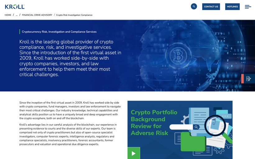 Kroll cryptocurrency risk, investigation and compliance services page